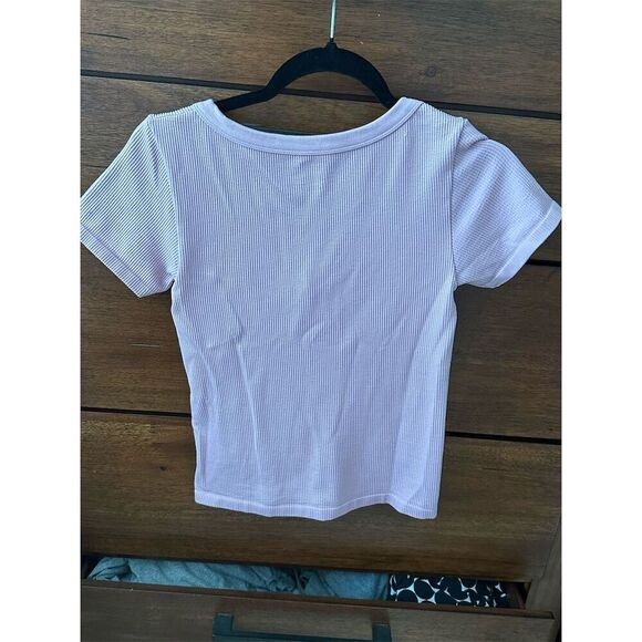 Elodie Women's V-Neck Ribbed T-Shirt Pink Size L Short Sleeve - Picture 3 of 5